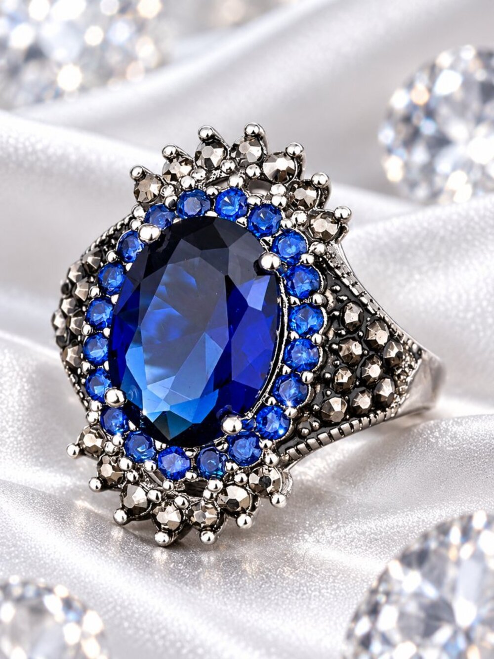 Victorian Simulated Sapphire and Marcasite Sterling Silver Plated Fashion Ring
